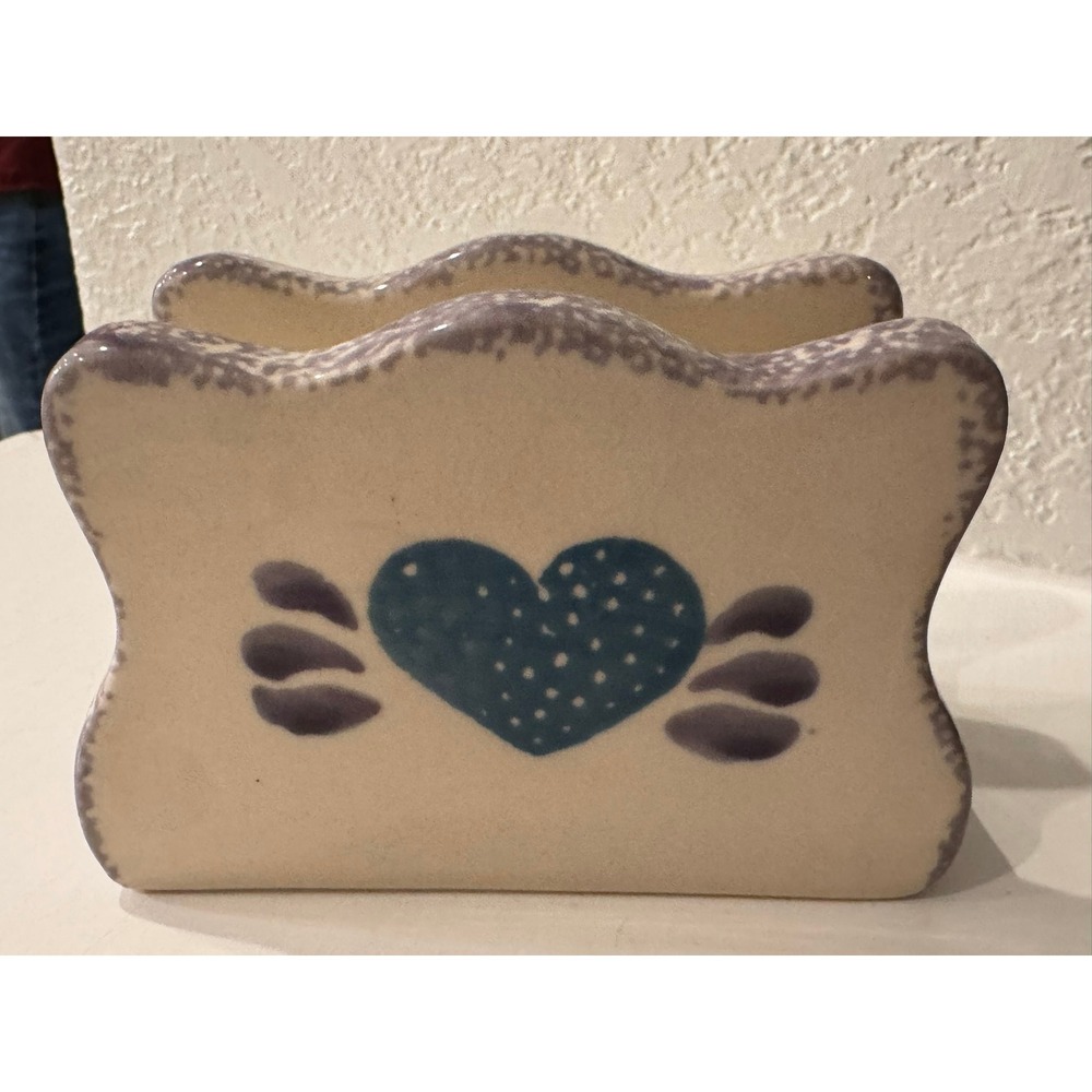 Hermitage Pottery Stoneware Napkin Holder Blue Heart Sponge Trim 1998 Lavender